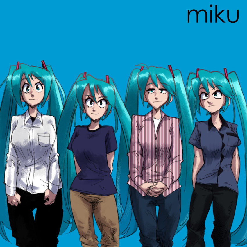 4girls album_cover_redraw aqua_eyes aqua_hair arms_behind_back bangs black_pants black_shirt blue_background breasts brian_bell brian_bell_(cosplay) brown_pants closed_mouth collared_shirt commentary cosplay derivative_work eyebrows_visible_through_hair feet_out_of_frame gingrjoke hair_ornament hatsune_miku highres large_breasts long_hair long_sleeves looking_at_viewer matt_sharp matt_sharp_(cosplay) multiple_girls own_hands_together pants parody patrick_wilson patrick_wilson_(cosplay) rivers_cuomo rivers_cuomo_(cosplay) shirt short_sleeves simple_background smile striped striped_shirt twintails undershirt vertical-striped_shirt vertical_stripes very_long_hair vocaloid weezer_(album) weezer_(band) white_shirt