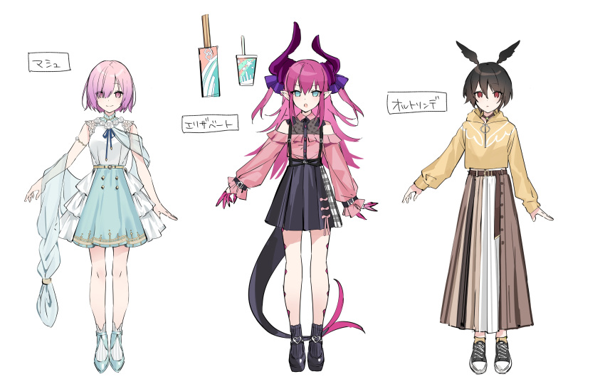 3girls :o absurdres aqua_eyes belt black_bow black_footwear black_hair blue_footwear blue_skirt bow breasts character_name character_sheet churro collar cup curled_horns disposable_cup dragon_tail drinking_straw elizabeth_bathory_(fate) elizabeth_bathory_(fate)_(all) fate/grand_order fate_(series) feather_hair full_body hair_ribbon hanagata highres hood hoodie horns long_hair long_skirt long_sleeves mary_janes mash_kyrielight medium_breasts multiple_girls neck_ribbon off-shoulder_shirt off_shoulder ortlinde_(fate) petals pink_collar pink_hair pink_shirt pointy_ears puffy_long_sleeves puffy_sleeves purple_hair purple_ribbon red_eyes ribbon shawl shirt shoes short_hair simple_background skirt sleeveless sleeveless_shirt smile sneakers socks standing tail two_side_up valkyrie_(fate) violet_eyes white_background white_shirt white_skirt yellow_hoodie