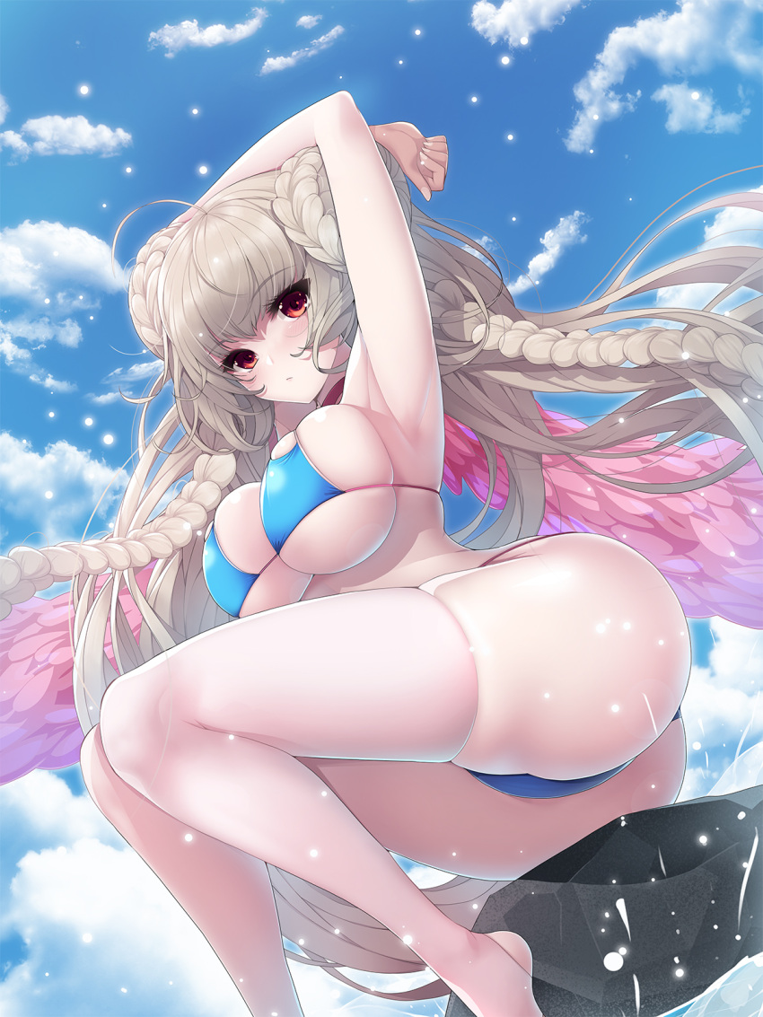 1girl arms_up ass azur_lane bikini braid braided_bun breasts crotch_seam curvy double_bun eyebrows_visible_through_hair formidable_(azur_lane) formidable_(the_lady_of_the_beach)_(azur_lane) highres koflif large_breasts looking_at_viewer plump red_eyes silver_hair skin_tight skindentation solo string_bikini swimsuit thick_thighs thigh-highs thighs undersized_clothes white_legwear