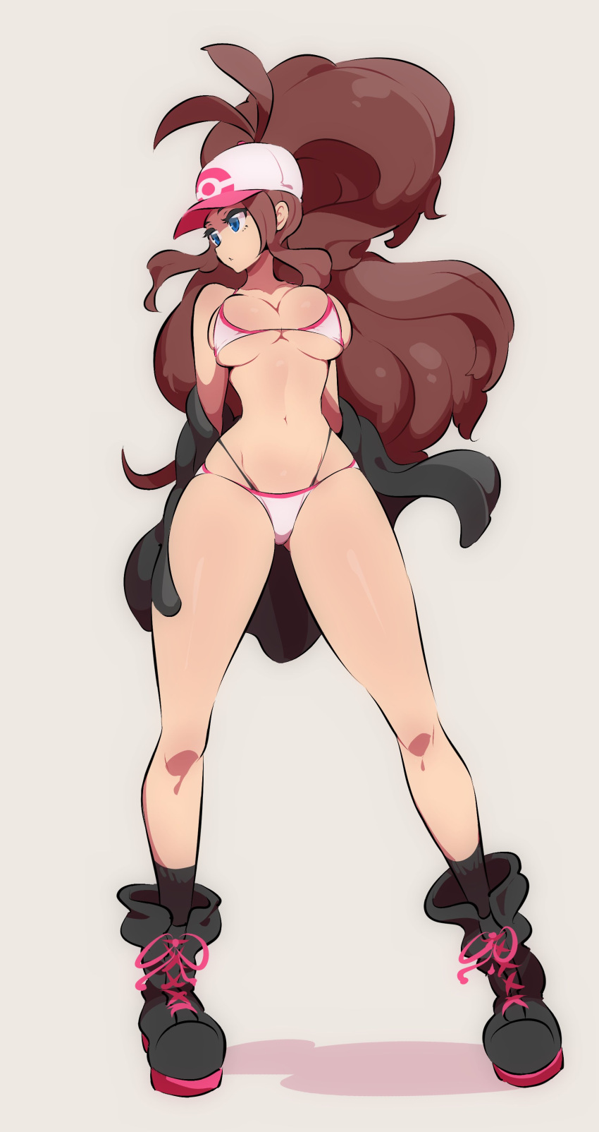 1girl absurdres baseball_cap bikini blue_eyes boots breasts brown_hair curly_hair hat high_ponytail highres hilda_(pokemon) large_breasts long_hair nac000 pokemon pokemon_(game) pokemon_bw sidelocks solo swimsuit thigh-highs