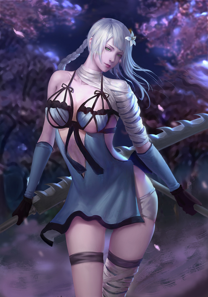 1girl asymmetrical_hair bandaged_arm bandaged_leg bandaged_neck bandages bangs black_gloves braid breasts clothing_cutout detached_sleeves dual_wielding firons flower gloves green_eyes hair_flower hair_ornament highres holding holding_sword holding_weapon jagged_sword kaine_(nier) large_breasts leg_strap lingerie lunar_tear medium_hair negligee nier nier_(series) night panties petals solo stomach_cutout sword underwear weapon white_panties