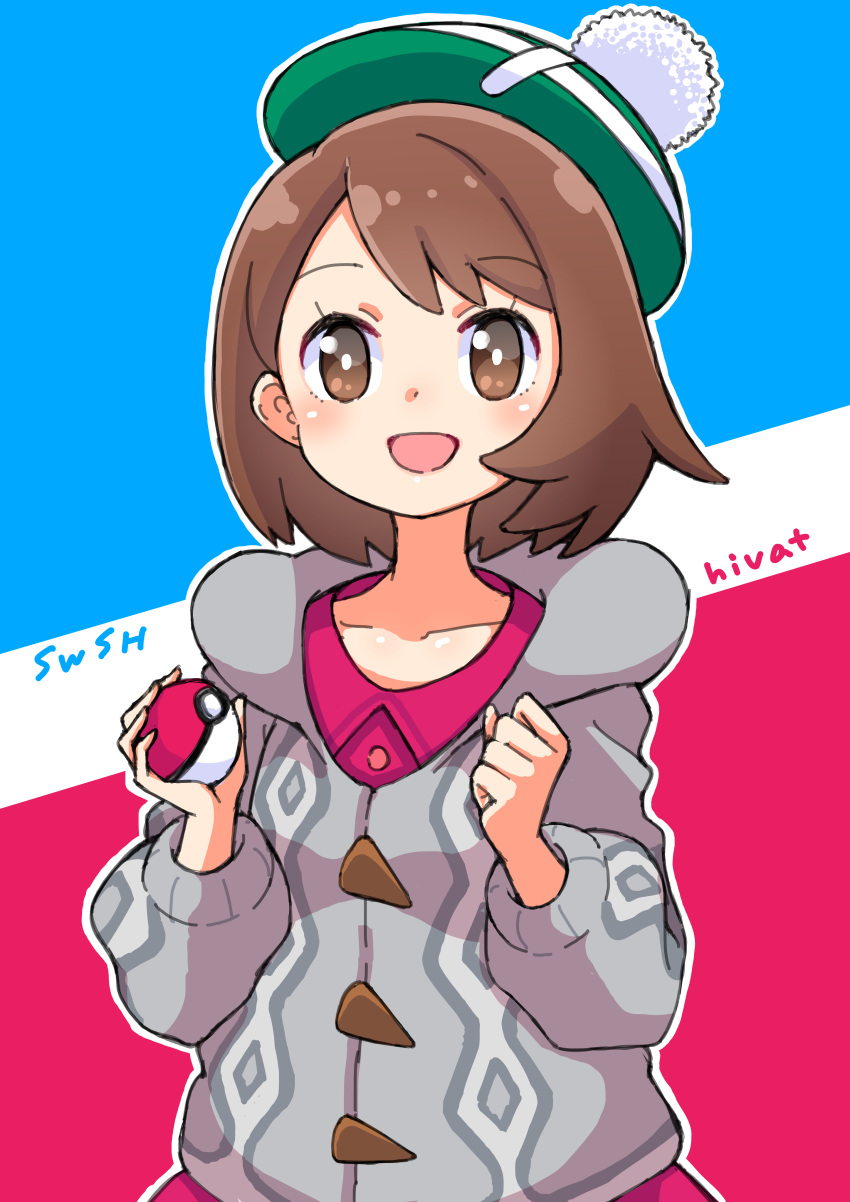 1girl :d absurdres blush bob_cut bright_pupils brown_eyes brown_hair buttons cable_knit cardigan collared_dress commentary_request copyright_name dress eyelashes gloria_(pokemon) green_headwear grey_cardigan hat highres hiva+ holding holding_poke_ball hooded_cardigan open_mouth pink_dress poke_ball poke_ball_(basic) pokemon pokemon_(game) pokemon_swsh short_hair smile solo tam_o'_shanter tongue white_pupils
