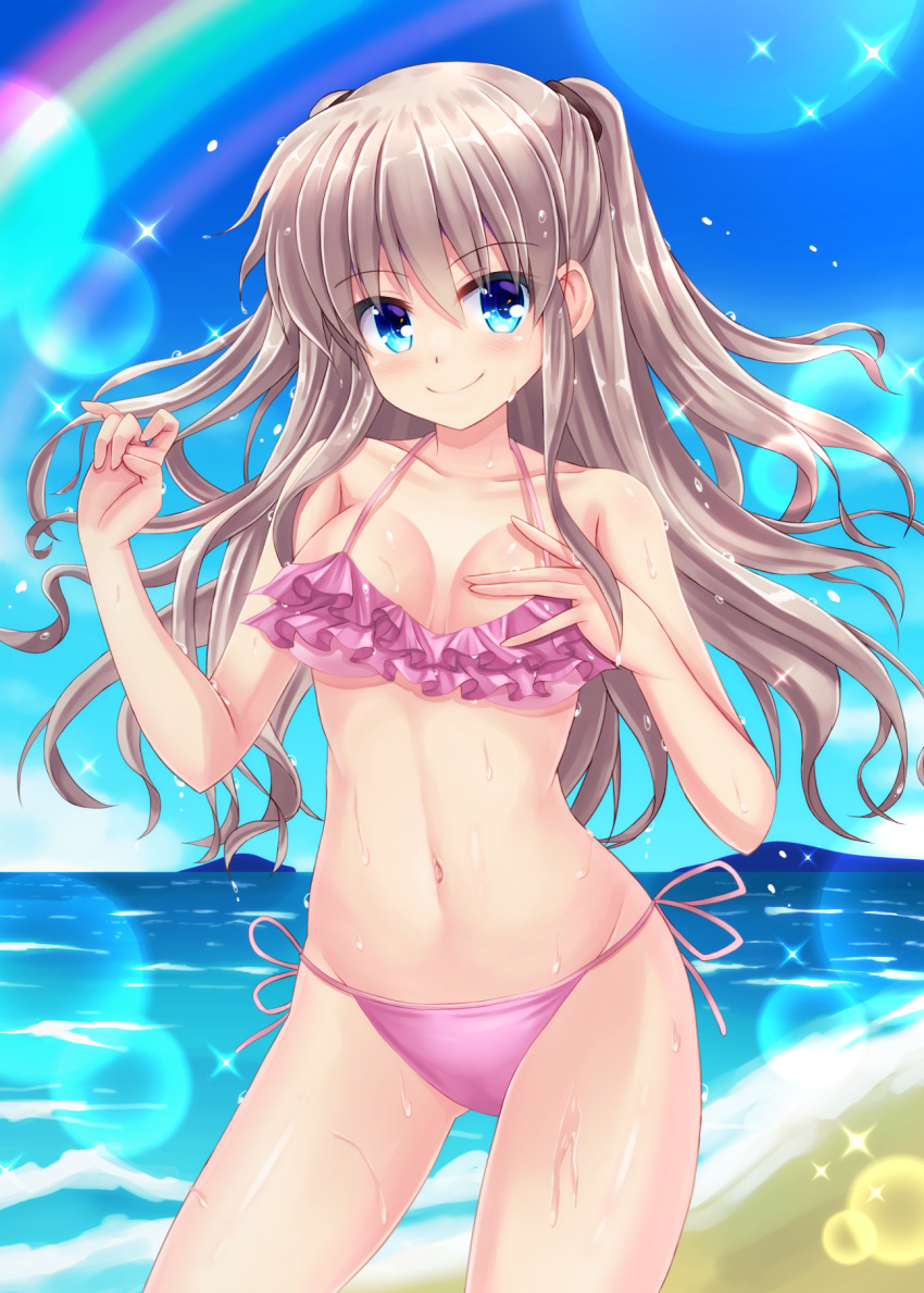 1girl beach bikini blue_eyes blue_sky breasts charlotte_(anime) clouds commentary_request contrapposto cowboy_shot day frilled_bikini frills highres horizon lens_flare long_hair looking_at_viewer medium_breasts minatoto ocean outdoors pink_bikini rainbow side-tie_bikini silver_hair sky smile solo standing swimsuit tomori_nao two_side_up wavy_hair