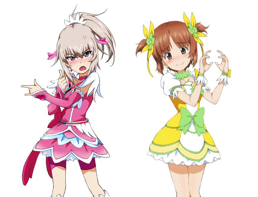 2girls \m/ alternate_hairstyle anger_vein bangs bike_shorts blue_eyes blush bow brown_eyes brown_hair choker closed_mouth commentary cosplay cowboy_shot cure_heart cure_heart_(cosplay) cure_rosetta cure_rosetta_(cosplay) detached_sleeves dokidoki!_precure dress earrings eyebrows_visible_through_hair flower frilled_cuffs frown fuchigami_mai girls_und_panzer glaring green_bow green_choker hair_flower hair_ornament hair_ribbon hair_scrunchie hair_up head_tilt heart heart_earrings heart_hands index_finger_raised itsumi_erika jewelry kayabakoro layered_dress looking_at_viewer magical_girl medium_hair multiple_girls nabatame_hitomi nishizumi_miho open_mouth pink_choker pink_dress pink_ribbon pink_shorts pink_sleeves ponytail pose precure puffy_short_sleeves puffy_sleeves ribbon scrunchie short_dress short_hair short_sleeves short_twintails shorts shorts_under_dress side-by-side silver_hair simple_background smile standing twintails voice_actor_connection white_background white_scrunchie yellow_dress yellow_ribbon
