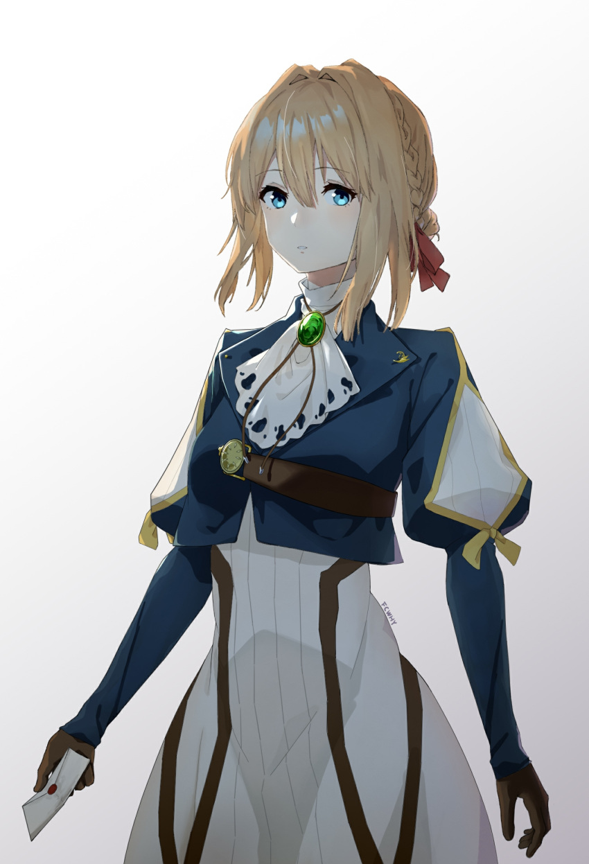 blonde_hair blue_eyes blue_vest braid brown_gloves chinese_commentary dress eyebrows_visible_through_hair fangchang_(fcwhy233) gem gloves hair_between_eyes hair_ribbon highres holding holding_letter letter long_sleeves looking_at_viewer medium_hair red_ribbon ribbon vest violet_evergarden violet_evergarden_(character) white_background white_dress