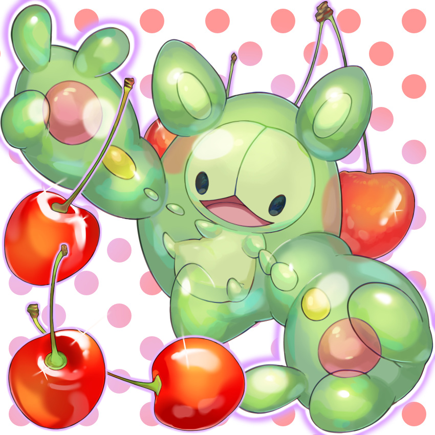 :d black_eyes cherry commentary_request food fruit gen_5_pokemon highres mian_(3zandora) no_humans open_mouth outstretched_arms pokemon pokemon_(creature) polka_dot polka_dot_background reuniclus smile solo sparkle tongue