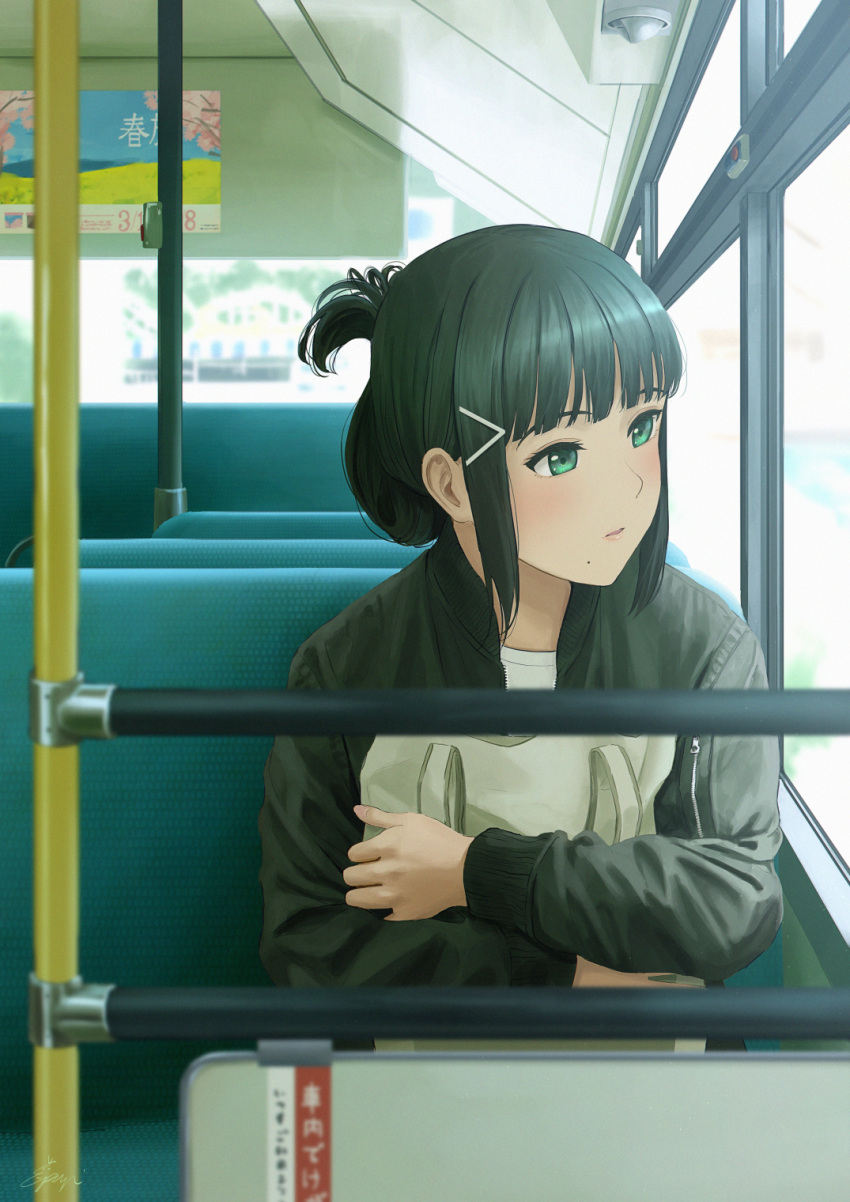 1girl bag bangs black_hair black_jacket blunt_bangs blush bus_interior commentary_request eyebrows_behind_hair folded_ponytail green_eyes hair_ornament hairclip highres jacket kurosawa_dia long_hair long_sleeves looking_afar looking_to_the_side love_live! love_live!_sunshine!! mole mole_under_mouth object_hug papi_(papiron100) parted_lips shirt sitting solo upper_body white_shirt