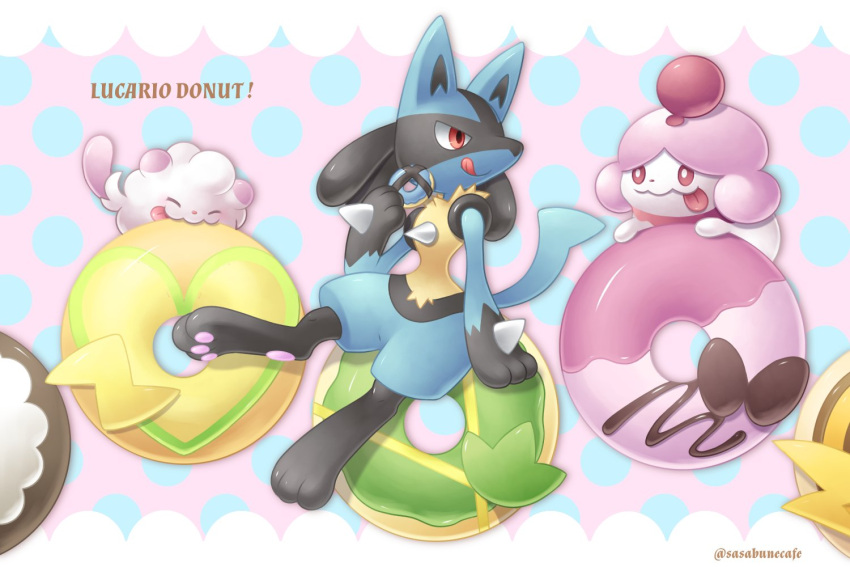 :q arm_support character_name closed_mouth commentary_request doughnut eating food gen_4_pokemon gen_6_pokemon holding lucario pokemon pokemon_(creature) red_eyes sasabunecafe sitting slurpuff smile swirlix themed_object tongue tongue_out twitter_username