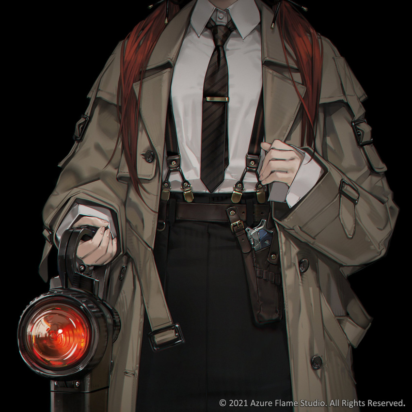 1girl black_background black_neckwear brown_coat coat collared_shirt cowboy_shot hand_up head_out_of_frame highres holding holster long_hair necktie original quuni redhead shirt shirt_tucked_in simple_background sleeves_past_wrists solo suspenders white_shirt