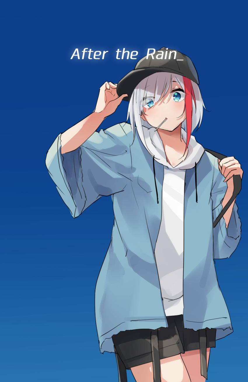 1girl absurdres admiral_graf_spee_(azur_lane) arm_up azur_lane bangs baseball_cap black_headwear black_shorts blue_background blue_eyes blue_jacket closed_mouth commentary_request drawstring english_text eyes_visible_through_hair gradient gradient_background hair_over_one_eye hand_on_headwear hat highres hood hood_down hoodie jacket long_sleeves mouth_hold multicolored_hair open_clothes open_jacket osisio redhead short_shorts shorts silver_hair solo streaked_hair white_hoodie wide_sleeves