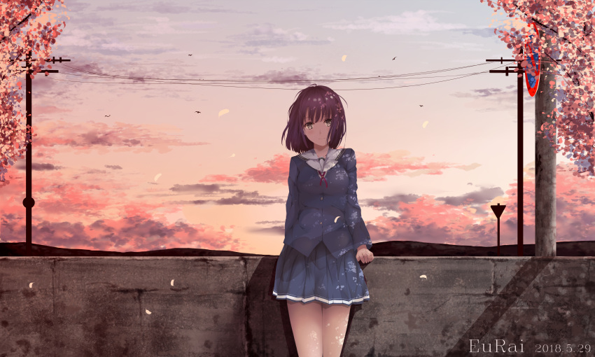 1girl absurdres bangs bird blue_jacket blue_skirt brown_hair chinese_commentary clouds cloudy_sky commentary_request dated evening highres hongshifengjue huge_filesize jacket katou_megumi legs looking_at_viewer medium_hair neckerchief outdoors road_sign saenai_heroine_no_sodatekata sign skirt sky smile solo sunset uniform white_neckwear yellow_eyes
