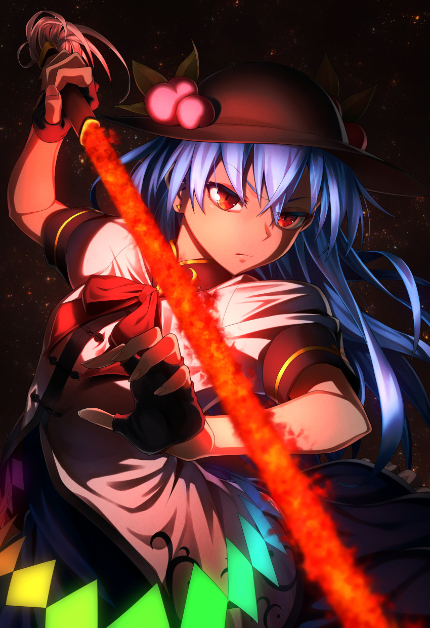 1girl absurdres bangs black_gloves black_hair blue_hair bow bowtie closed_mouth commentary dark earrings food frown fruit gloves greenkohgen highres hinanawi_tenshi holding holding_sword holding_weapon huge_filesize jewelry long_hair peach puffy_short_sleeves puffy_sleeves red_eyes red_neckwear short_sleeves solo sword sword_of_hisou touhou weapon