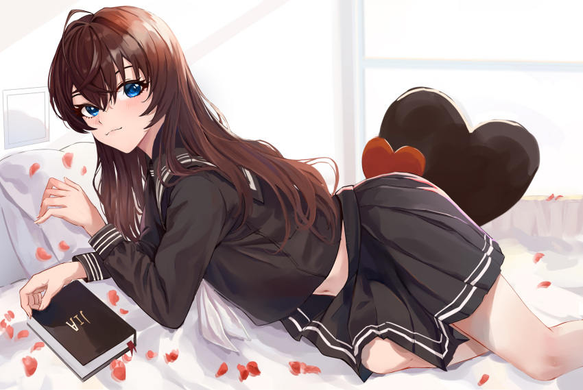 1girl absurdres ahoge bangs bed_sheet black_sailor_collar black_serafuku black_shirt black_skirt blue_eyes blush book brown_hair closed_mouth collared_shirt hair_between_eyes hair_intakes heart heart_pillow highres ichinose_shiki idolmaster idolmaster_cinderella_girls long_hair lying midriff miniskirt navel petals pillow pleated_skirt sailor_collar sailor_shirt school_uniform serafuku shiny shiny_hair shirt skirt solo song66 stomach straight_hair very_long_hair