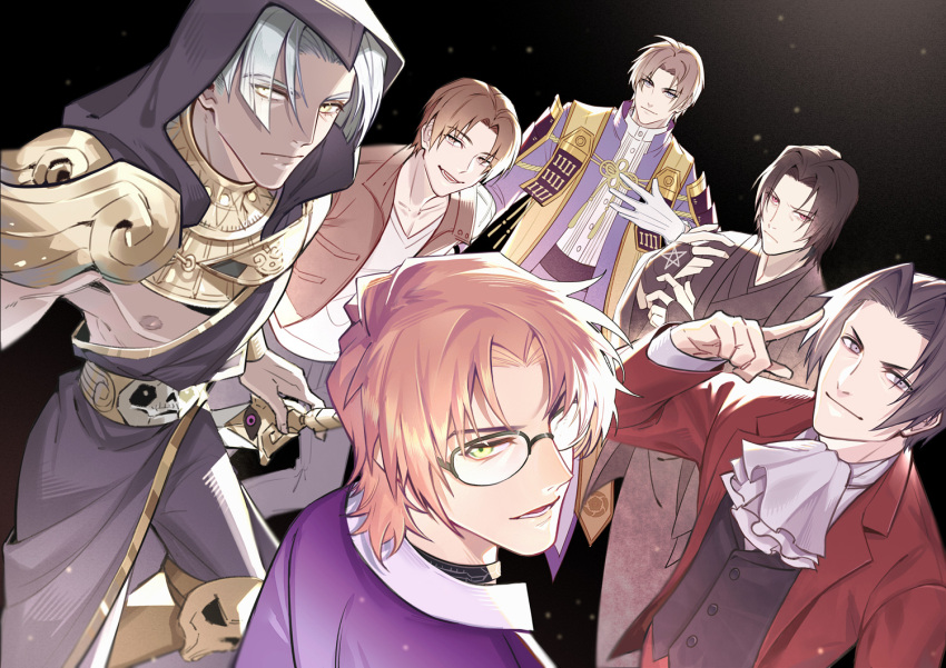 6+boys ascot black_background bracelet brown_eyes brown_hair brown_vest character_request chuuzenji_akihiko cravat fusaishi_haruaki glasses gloves grey_eyes gyakuten_saiban hades_(game) hand_up heshikiri_hasebe hood jewelry kyogokudo kyougoku_natsuhiko looking_back male_focus meitantei_conan mitsurugi_reiji multiple_boys nipples okiya_subaru pectorals pink_hair raging_loop red_eyes robe short_hair silver_hair smile star_(symbol) sword thanatos_(hades) touken_ranbu trait_connection ubume_no_natsu vest weapon white_gloves yellow_eyes