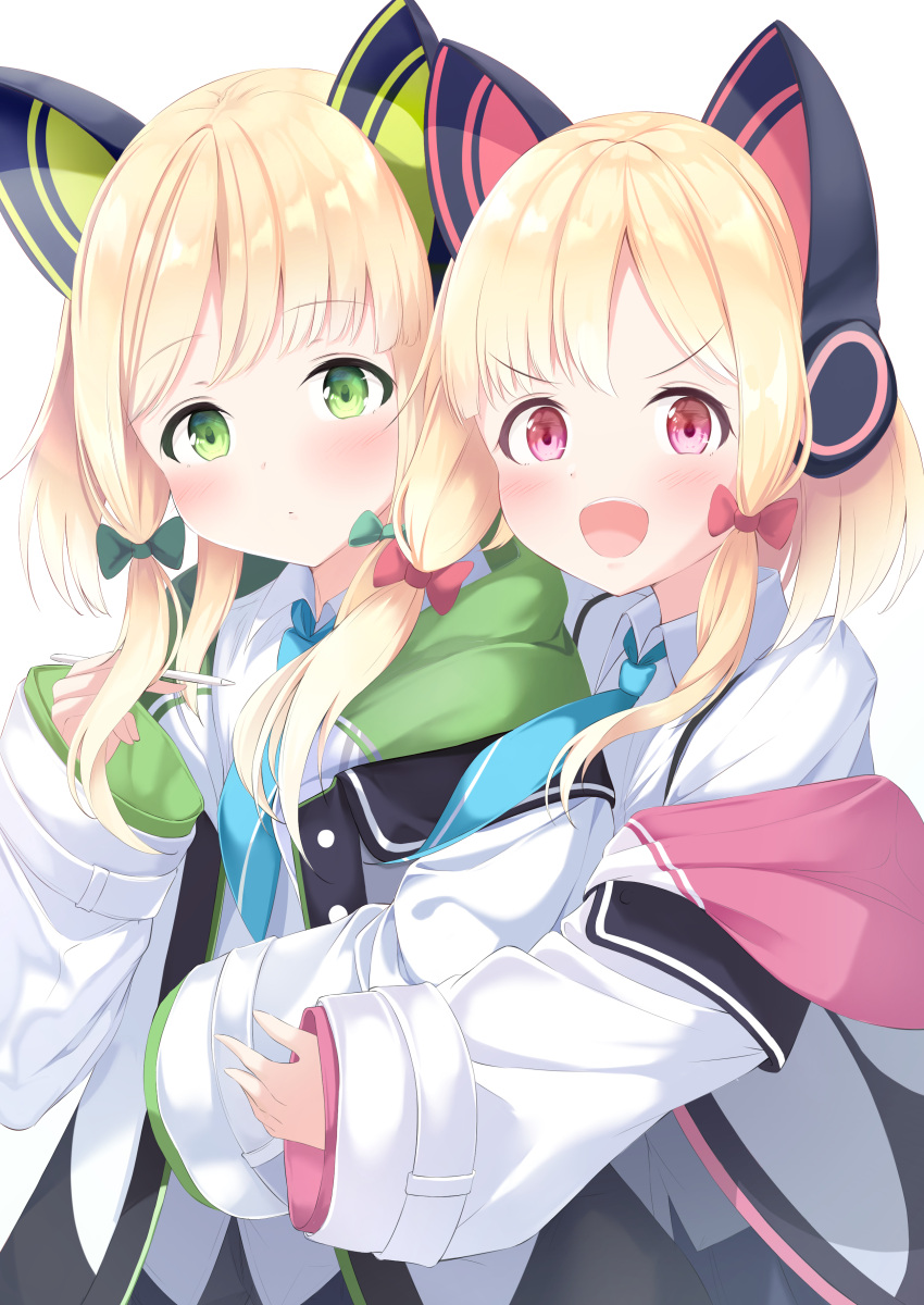 2girls :d absurdres aqua_neckwear blonde_hair blue_archive bow collared_shirt commentary_request dot_mouth emimeku eyebrows_visible_through_hair green_bow green_eyes hair_bow highres holding holding_pencil long_hair long_sleeves looking_at_viewer midori_(blue_archive) momoi_(blue_archive) multiple_girls necktie open_mouth pencil red_bow red_eyes shirt sidelocks smile twintails v-shaped_eyebrows white_background white_shirt