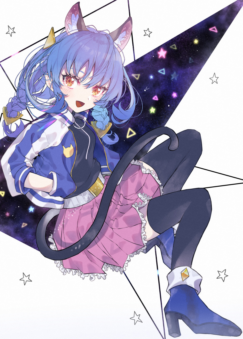 1girl :d absurdres amino_(li0a4) animal_ear_fluff animal_ears belt black_legwear black_shirt blue_footwear blue_hair blue_jacket blush braid cat_ears cat_tail frilled_skirt frills full_body hand_in_pocket high_heels highres huge_filesize jacket long_hair long_sleeves looking_at_viewer low_braid low_twintails miniskirt open_clothes open_jacket open_mouth pink_skirt pleated_skirt precure shirt skirt smile solo star_twinkle_precure tail thigh-highs twin_braids twintails white_background yellow_eyes yuni_(precure) zettai_ryouiki