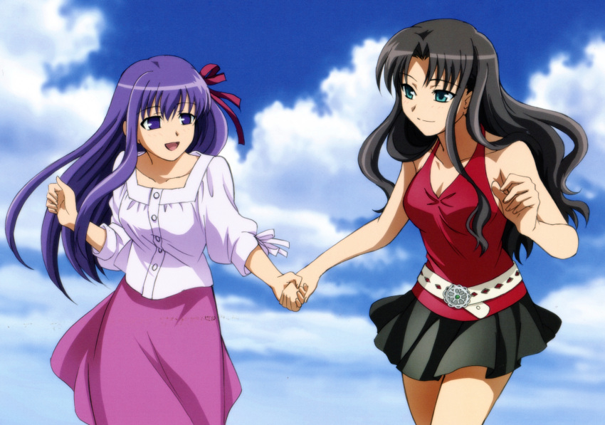 2000s_(style) 2girls artbook black_hair clouds cowboy_shot eye_contact fate/stay_night fate_(series) highres holding_hands long_hair long_skirt looking_at_another matou_sakura miniskirt multiple_girls official_art outdoors purple_hair rotated sisters skirt sky tohsaka_rin