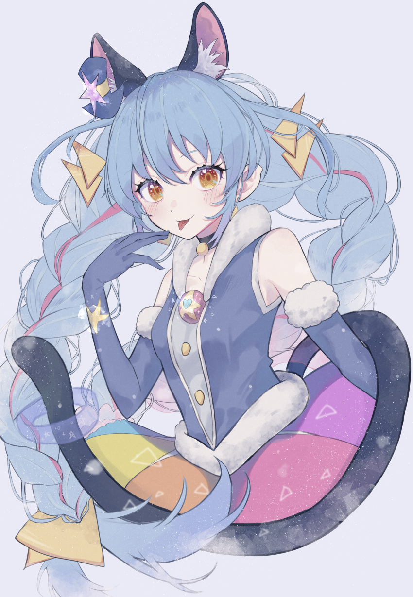 1girl absurdres amino_(li0a4) animal_ear_fluff animal_ears bangs blue_gloves blue_hair blue_jacket blush braid brown_eyes cat_ears cat_tail collar collarbone cropped_legs cure_cosmo elbow_gloves floating_hair fur-trimmed_gloves fur_trim gloves grey_background hair_between_eyes hat highres huge_filesize jacket long_hair looking_at_viewer mini_hat multicolored multicolored_clothes multicolored_skirt pleated_skirt precure purple_headwear skirt sleeveless sleeveless_jacket solo star_twinkle_precure tail tongue tongue_out twin_braids twintails very_long_hair