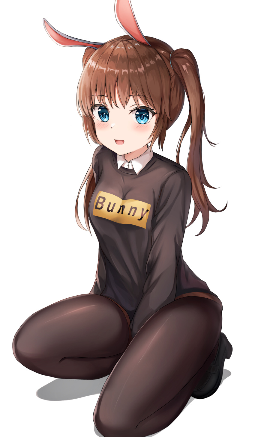 1girl absurdres animal_ears black_footwear black_legwear black_shirt blue_eyes blush brown_hair clothes_writing collared_shirt commentary english_text highres original pantyhose playboy_bunny rabbit_ears shirt smile solo symbol_commentary t-shirt thighs twintails white_background white_shirt zeroillya