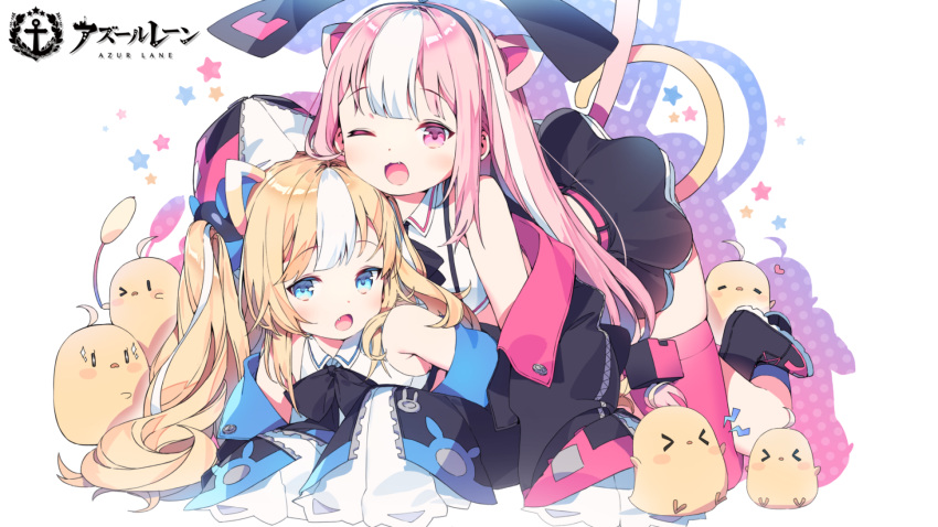 2girls animal_ears azur_lane bare_shoulders blonde_hair blue_eyes cat_ears commentary_request copyright_name detached_sleeves fang highres hobby_(azur_lane) kalk_(azur_lane) manjuu_(azur_lane) multicolored_hair multiple_girls official_art on_person one_eye_closed pink_eyes pink_hair sanze_(gokiburi_kirai) sleeves_past_fingers sleeves_past_wrists streaked_hair very_long_sleeves white_hair