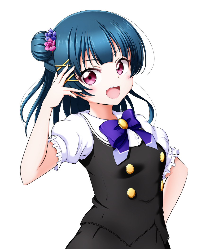 1girl :d arm_up black_skirt black_vest blue_hair bow breasts collared_shirt hair_bun hair_ornament hairclip highres kuena long_hair looking_at_viewer love_live! love_live!_sunshine!! open_mouth puffy_short_sleeves puffy_sleeves purple_bow red_eyes shirt short_sleeves side_bun simple_background skirt skirt_set small_breasts smile solo tsushima_yoshiko vest white_background white_shirt x_hair_ornament