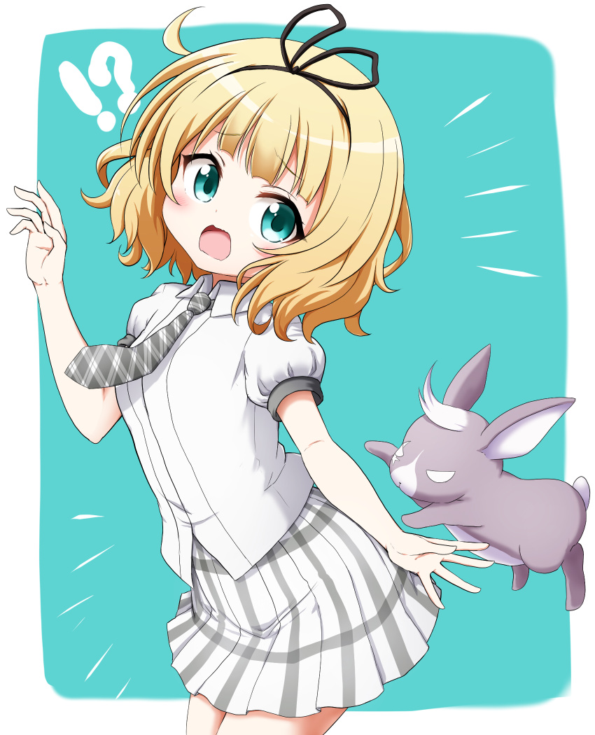 !? 1girl animal bangs black_ribbon blonde_hair blue_background collared_shirt dress_shirt eyebrows_visible_through_hair gochuumon_wa_usagi_desu_ka? green_eyes grey_neckwear hair_ribbon highres kirima_sharo kuena necktie plaid_neckwear pleated_skirt puffy_short_sleeves puffy_sleeves rabbit ribbon scar scar_across_eye school_uniform shirt short_sleeves skirt surprised two-tone_background white_background white_shirt white_skirt wild_geese