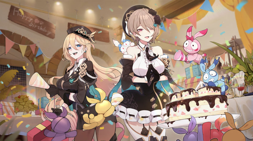 2girls :d alcohol artist_request bare_shoulders bianka_durandal_ataegina bianka_durandal_ataegina_(valkyrie_gloria) black_dress black_gloves blonde_hair blue_eyes box breasts brown_hair cake cup dress drinking_glass earrings food gift gift_box gloves hair_between_eyes hair_ornament hair_over_one_eye hands_together hat highres holding homei_(honkai_impact) homi_(honkai_impact) homu_(honkai_impact) honkai_(series) honkai_impact_3rd indoors jewelry long_hair long_sleeves looking_at_food looking_at_viewer maid military military_hat military_uniform multiple_girls open_mouth plant rita_rossweisse short_hair sleeves_rolled_up smile table uniform violet_eyes window wine wine_glass