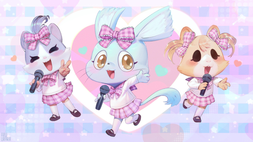 3girls absurdres aggressive_retsuko animal_ears animal_nose blush bow chinchillla closed_eyes dancing eyelashes full_body furry heart highres inuki_(aruurara) looking_at_viewer microphone multiple_girls music open_mouth pastel_colors patterned_clothing pointy_ears pose reaching_out sanrio shoes singing skirt smile tail thigh-highs