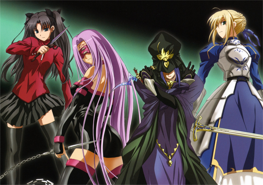 2000s_(style) 4girls armor armored_dress artbook artist_request artoria_pendragon_(all) blonde_hair caster dress fate/stay_night fate_(series) highres long_hair long_sleeves medea_(fate) medusa_(fate) medusa_(rider)_(fate) multiple_girls nameless_dagger_(fate) rotated saber scan strapless strapless_dress sword thigh-highs tohsaka_rin turtleneck very_long_hair weapon zettai_ryouiki