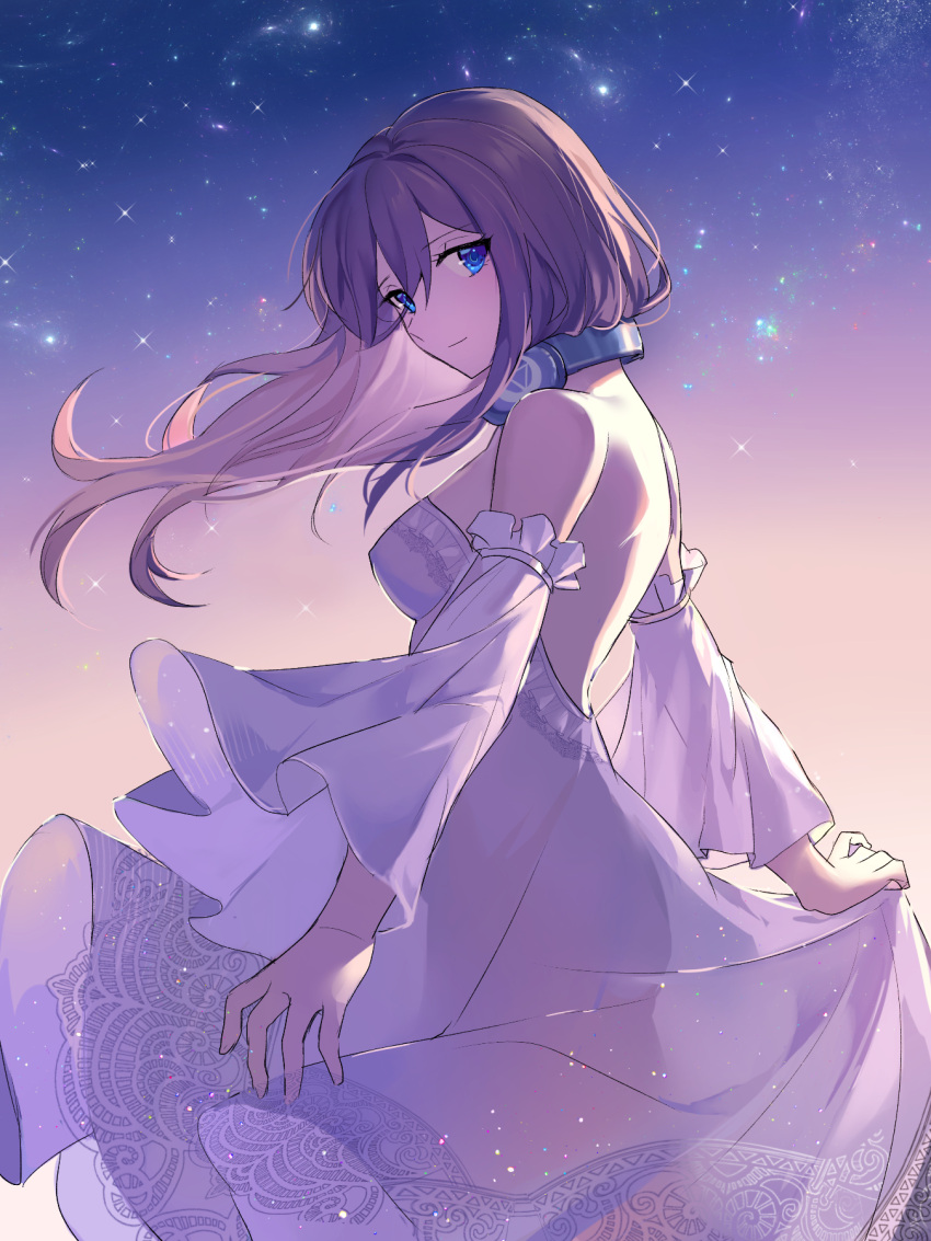 1girl bare_shoulders blue_eyes breasts brown_hair covered_nipples detached_sleeves dress eyebrows_visible_through_hair frilled_dress frills go-toubun_no_hanayome gradient_sky hair_between_eyes headphones headphones_around_neck highres holding holding_clothes holding_dress light_smile long_hair looking_at_viewer looking_to_the_side nakano_miku night night_sky oenothera orange_sky outdoors sideways_glance sky solo star_(sky) starry_sky strapless strapless_dress sunset white_dress wide_sleeves