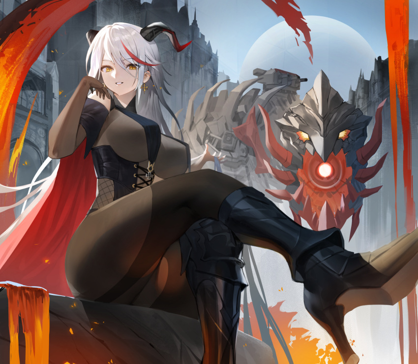 1girl aegir_(azur_lane) azur_lane black_footwear blush bodystocking boots breast_curtains breasts cape cross cross_earrings earrings from_below grin hand_on_own_face high_heels highres hood_(james_x) horns jewelry large_breasts leg_up long_hair looking_at_viewer mechanical_dragon multicolored_hair outdoors redhead shoe_soles silver_hair sitting smile solo streaked_hair symbol_commentary yellow_eyes
