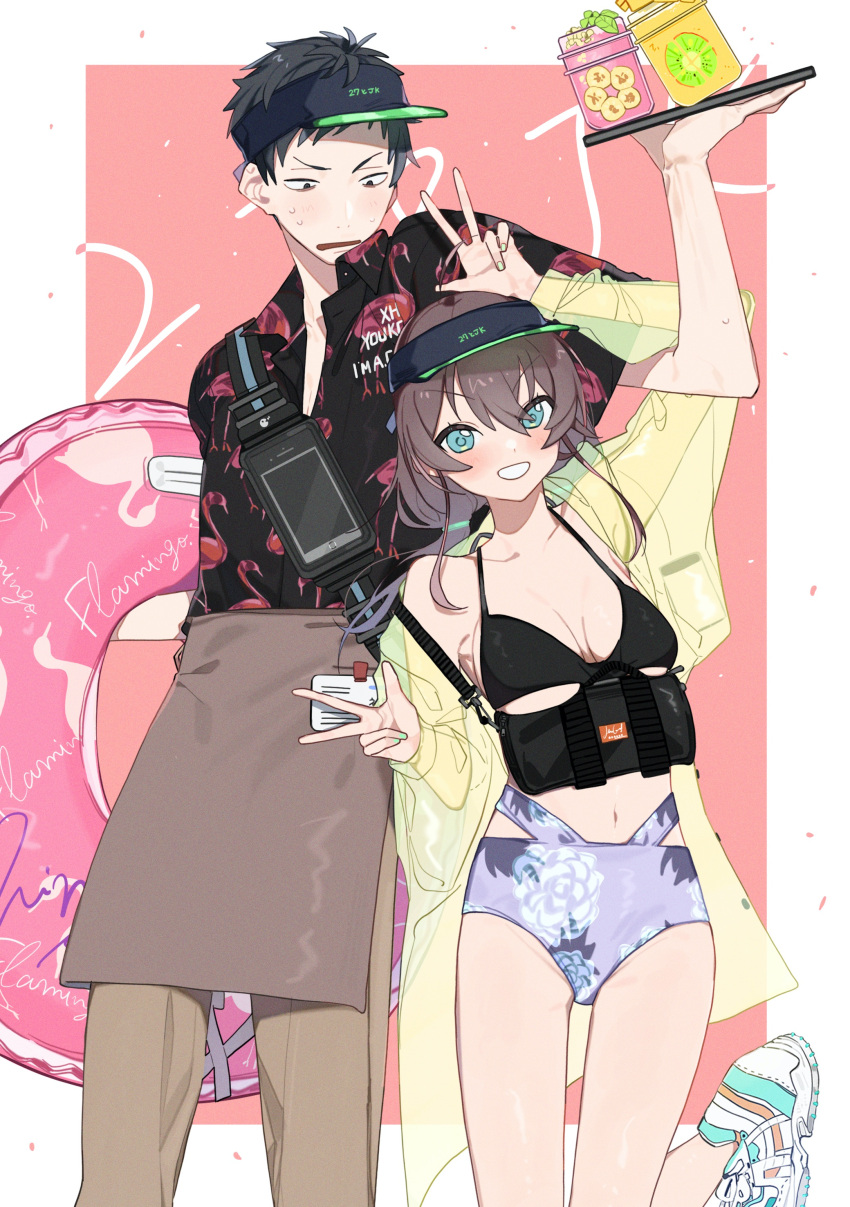 1boy 1girl absurdres ahoge bag bangs bikini bird black_bikini black_shirt blue_eyes blush brown_hair brown_pants coat collarbone flamingo highres hololive innertube jar low_twintails multicolored multicolored_bikini multicolored_clothes natsuiro_matsuri navel nijisanji pants purple_bikini raincoat safe shirt shoes short_hair shoulder_bag simple_background smile sneakers sugata_dski sweat swimsuit teeth twintails v virtual_youtuber waiter yashiro_kizuku yellow_coat