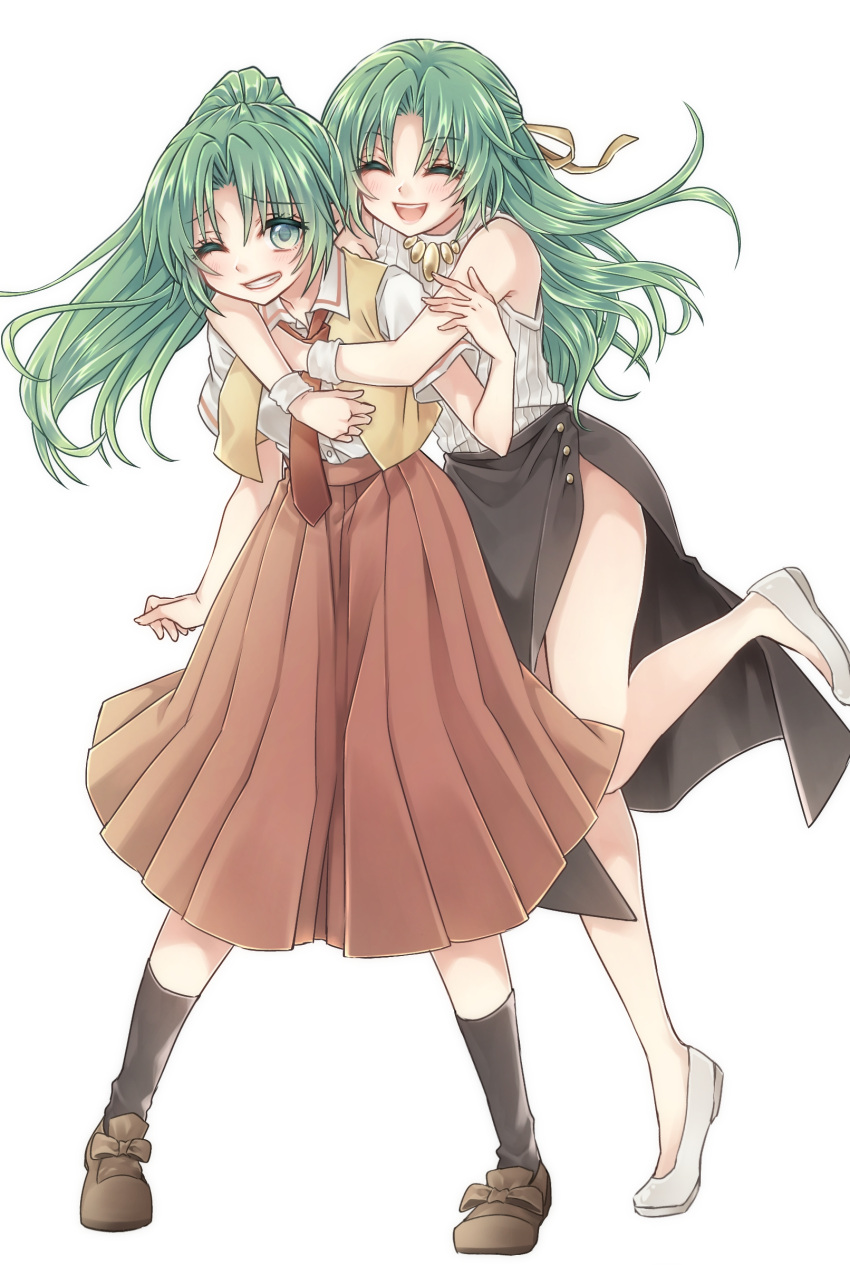 2girls ;d ^_^ black_legwear black_skirt brown_footwear brown_skirt closed_eyes collared_shirt dress_shirt floating_hair full_body green_eyes green_hair grin hair_intakes hair_ribbon highres higurashi_no_naku_koro_ni hug hug_from_behind jewelry kneehighs long_hair long_skirt maimaimaiko105 multiple_girls necklace necktie one_eye_closed open_mouth pleated_skirt ponytail red_neckwear ribbed_sweater ribbon shiny shiny_hair shirt siblings side_slit simple_background sisters skirt sleeveless sleeveless_shirt smile sonozaki_mion sonozaki_shion standing standing_on_one_leg sweater twins very_long_hair vest white_background white_footwear white_shirt white_sweater wing_collar yellow_ribbon