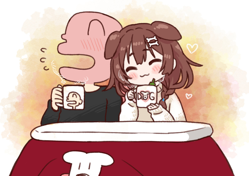 :3 animal_ears black_shirt blush bone_hair_ornament braid brown_hair cup dog_ears hair_ornament hairclip highres hololive hoso-inu inugami_korone kotatsu listener_(inugami_korone) mug sabaku_chitai shirt smile sweater table virtual_youtuber