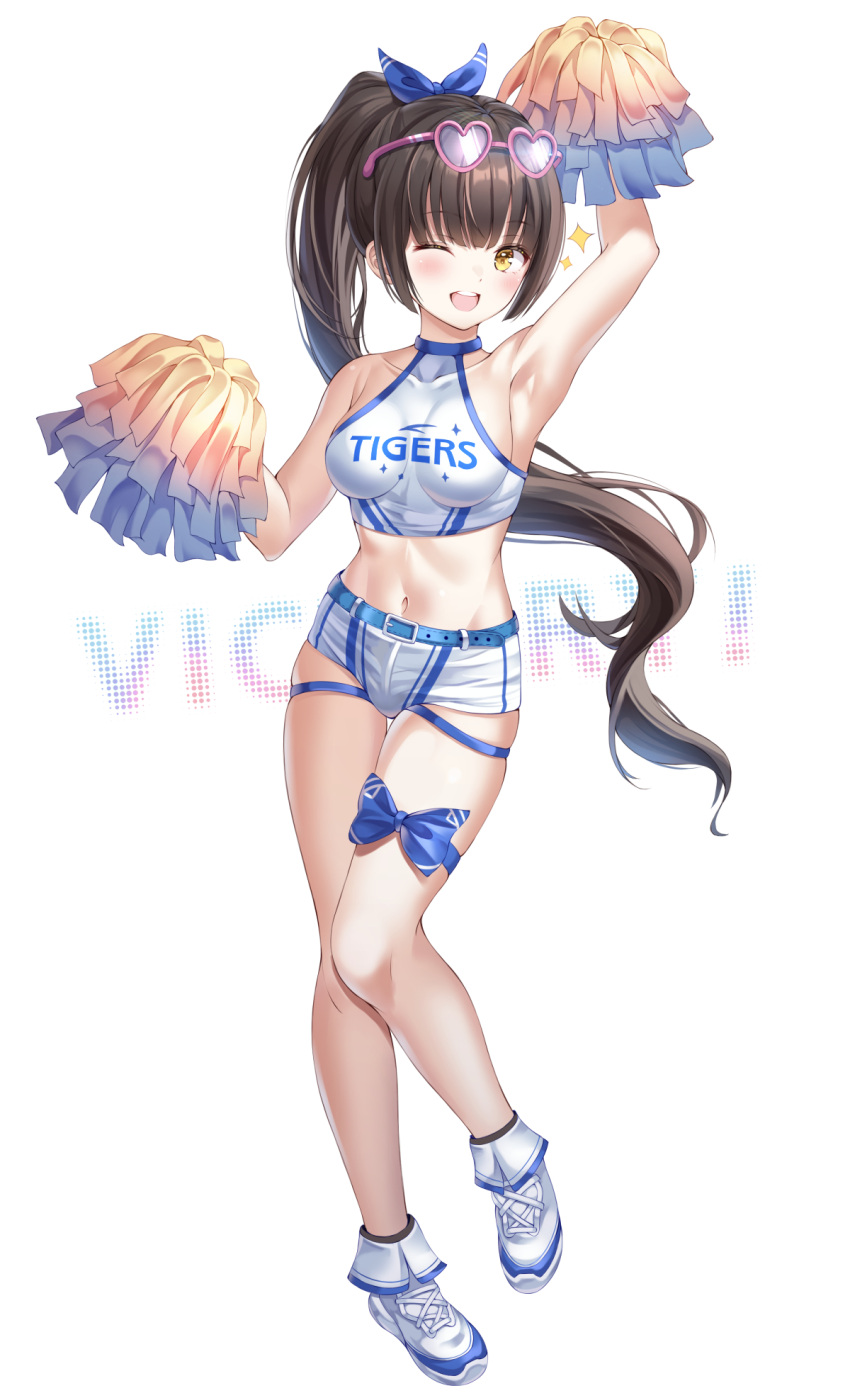 1girl ;d arm_up armpits bare_arms bare_shoulders belt black_hair bnari breasts cheerleader collarbone crop_top eyewear_on_head full_body hair_ribbon halter_top halterneck heart heart-shaped_eyewear highres holding long_hair looking_at_viewer medium_breasts midriff navel one_eye_closed open_mouth original pink-framed_eyewear pom_pom_(cheerleading) ponytail ribbon shirt shoes short_shorts shorts skindentation sleeveless sleeveless_shirt smile solo stomach sunglasses thigh_ribbon thighs very_long_hair white_shirt white_shorts yellow_eyes