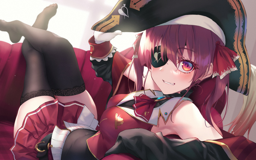 1girl armpits black_legwear breasts couch crossed_ankles eyebrows_visible_through_hair eyepatch fukai_ryosuke gloves hair_ribbon hand_on_headwear hat highres hololive houshou_marine large_breasts long_hair looking_at_viewer lying miniskirt on_back pirate_hat red_eyes red_ribbon red_skirt redhead ribbon shadow skirt smile solo sunlight teeth thigh-highs twintails virtual_youtuber white_gloves zettai_ryouiki