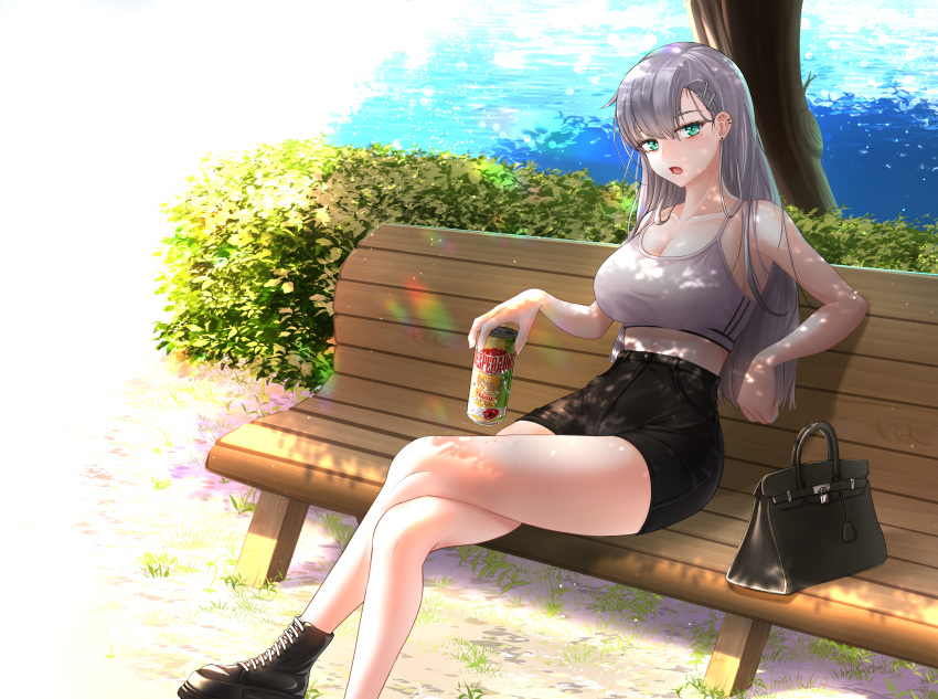 1girl absurdres bench black_footwear black_shorts boots breasts can cross-laced_footwear ear_piercing green_eyes grey_hair hair_ornament hairclip highres holding holding_can huge_filesize large_breasts long_hair original park_bench piercing rayu_(snowwhite_ki) short_shorts shorts sitting solo sports_bra