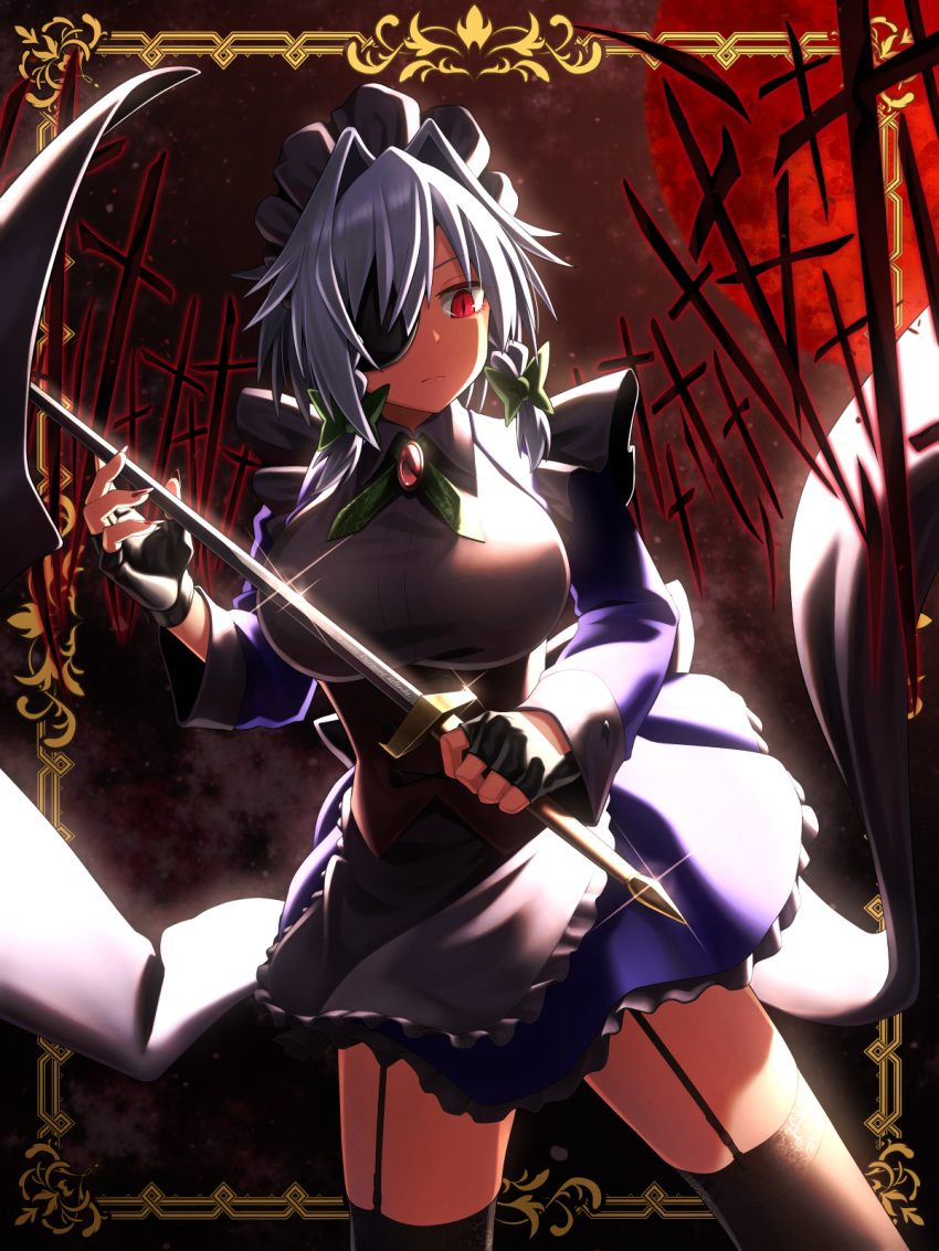 1girl apron back_bow black_gloves black_legwear blue_dress bow brooch closed_mouth collared_dress commentary_request cowboy_shot dress energy_sword eyepatch fingerless_gloves fingernails frilled_dress frills frown garter_straps gloves green_neckwear greenkohgen grey_hair hair_intakes highres holding holding_sword holding_weapon izayoi_sakuya jewelry long_sleeves looking_to_the_side maid maid_apron maid_headdress moon neck_ribbon partial_commentary red_eyes red_moon ribbon sharp_fingernails short_dress short_hair slit_pupils solo sparkle standing sword thigh-highs touhou weapon white_apron