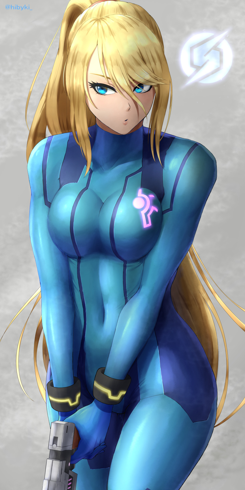 1girl absurdres bangs blonde_hair blue_eyes bodysuit breasts commentary_request covered_navel cowboy_shot gun hair_between_eyes hands_together hiby highres holding holding_gun holding_weapon huge_filesize large_breasts logo long_hair metroid parted_lips plasma_pistol ponytail samus_aran skin_tight solo super_smash_bros. very_long_hair weapon wrist_cuffs zero_suit