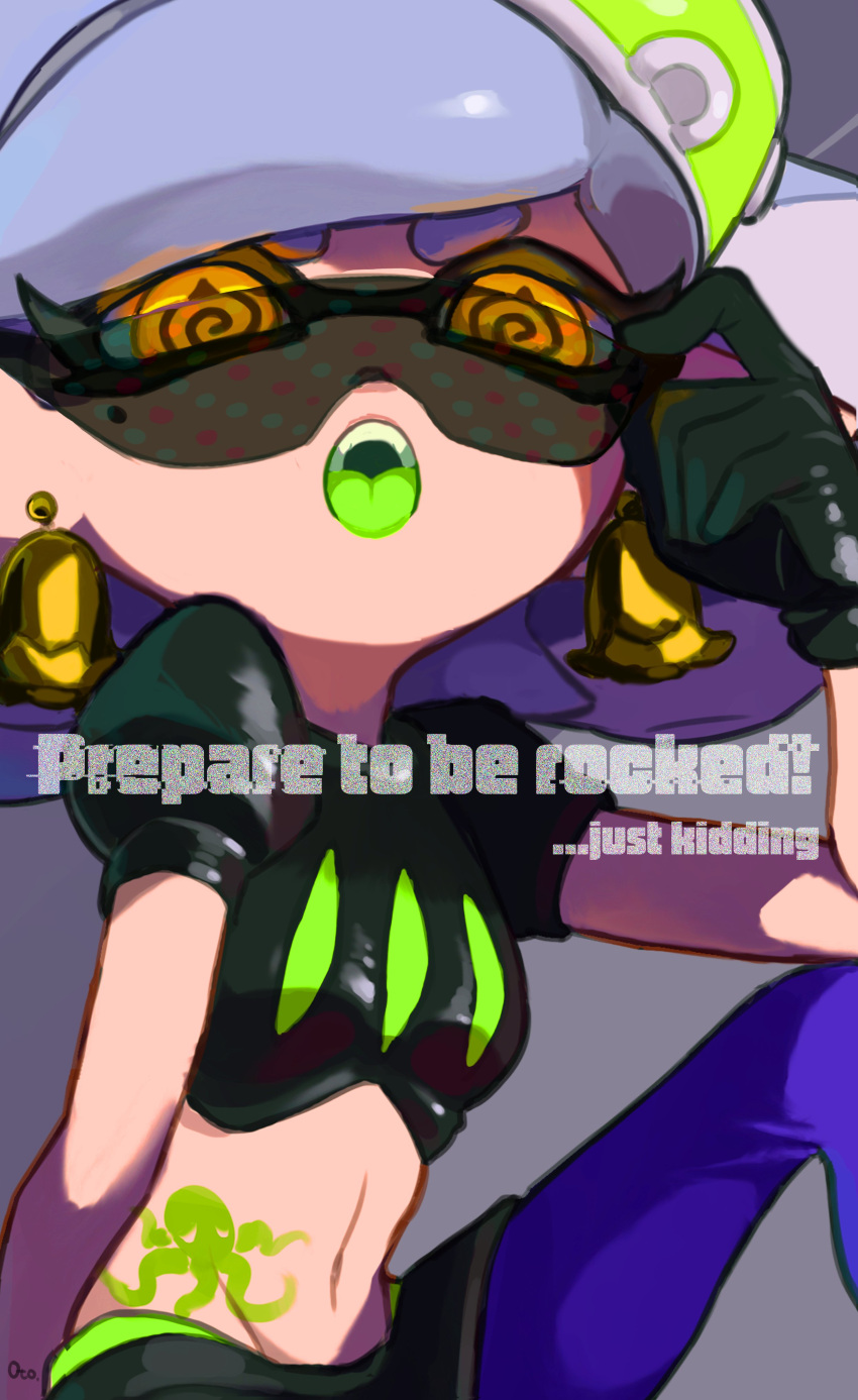 1girl :p @_@ absurdres adjusting_eyewear bangs black_gloves blue_legwear colored_tongue crop_top dark_persona earrings food food_on_head gloves green_tongue grey_hair highres jewelry knee_up legwear_under_shorts marie_(splatoon) medium_hair midriff mole mole_under_eye navel object_on_head open_mouth otoboke-san pointy_ears puffy_short_sleeves puffy_sleeves short_sleeves shorts solo splatoon_(series) stomach_tattoo sunglasses swept_bangs tako-san_wiener tattoo tentacle_hair tongue tongue_out yellow_eyes