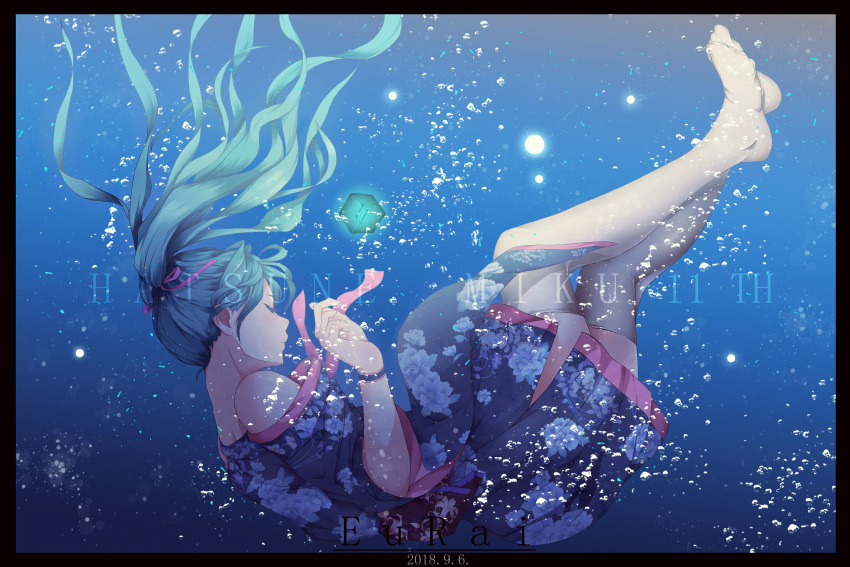 1girl absurdres aqua_hair artist_name bracelet bubble character_name chinese_commentary closed_eyes commentary_request dated hair_ribbon hatsune_miku highres hongshifengjue japanese_clothes jewelry kimono no_shoes pink_ribbon ribbon solo thigh-highs twintails underwater vocaloid white_legwear