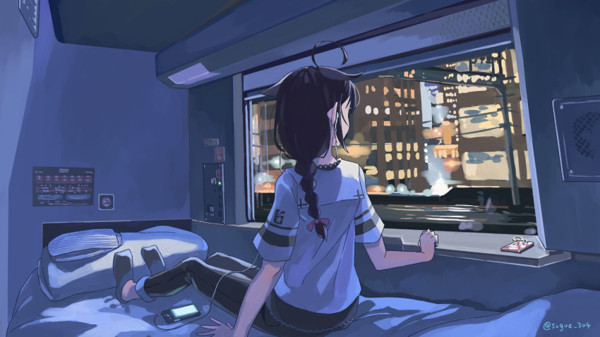 1girl ahoge alternate_costume bed black_hair blue_pants braid from_behind hair_flaps highres kantai_collection looking_out_window pants pillow remodel_(kantai_collection) shigure_(kancolle) shirt single_braid socks solo sugue_tettou upper_body vehicle_interior white_shirt window