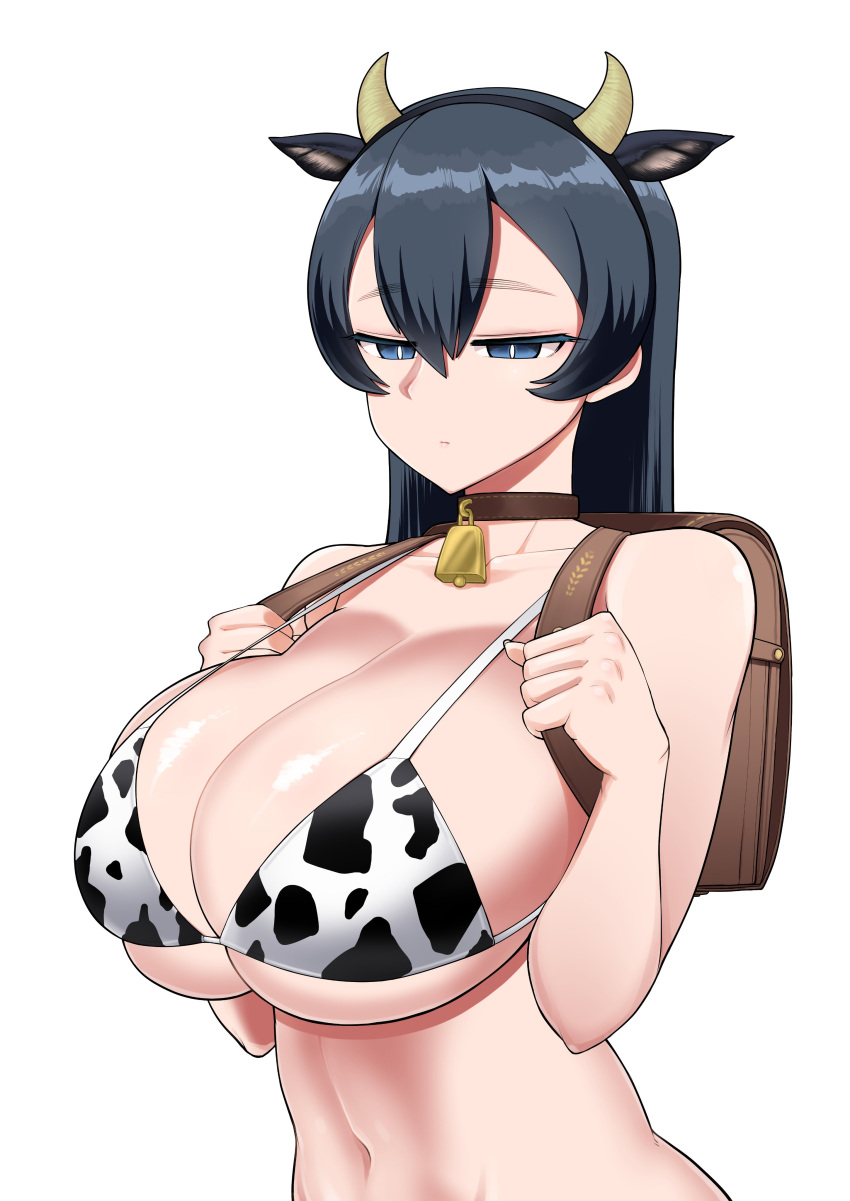 1girl absurdres animal_ears animal_print backpack bag bangs bare_arms bikini bikini_day bikini_top black_hair blue_eyes breasts brown_bag brown_choker choker closed_mouth collarbone commentary_request cow_ears cow_horns cow_print cowboy_shot eo_masaka expressionless eyebrows_visible_through_hair eyelashes hairband half-closed_eyes highres holding_strap horns large_breasts navel original shadow simple_background solo stomach straight_hair strap_gap swimsuit upper_body white_background