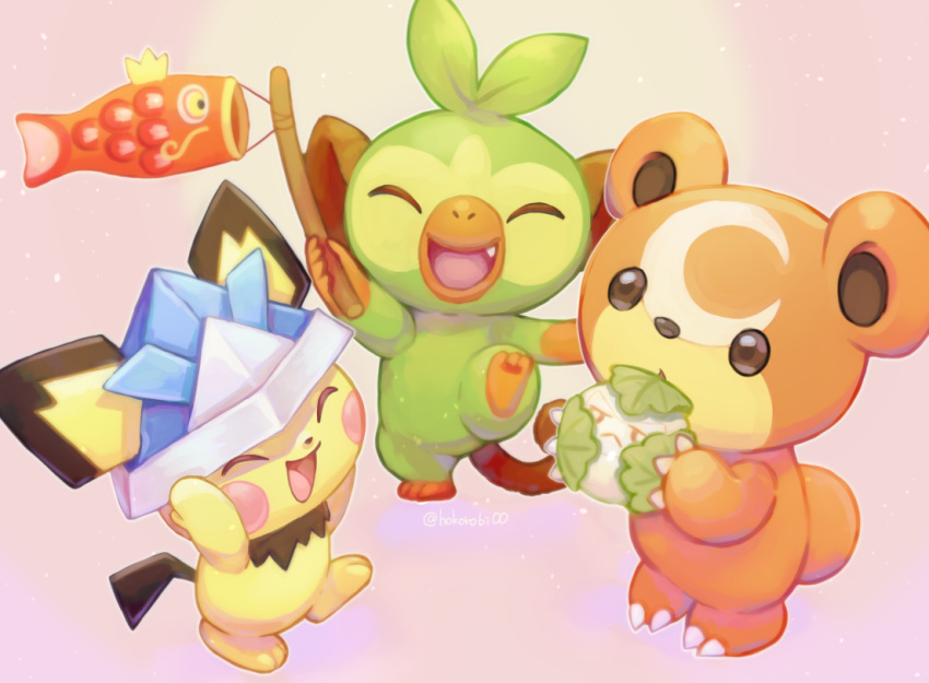 brown_eyes closed_eyes commentary_request fang gen_2_pokemon gen_8_pokemon grookey hatted_pokemon holding holding_stick no_humans open_mouth paper_hat pichu pokemon pokemon_(creature) s_(happycolor_329) standing stick teddiursa toes tongue |d