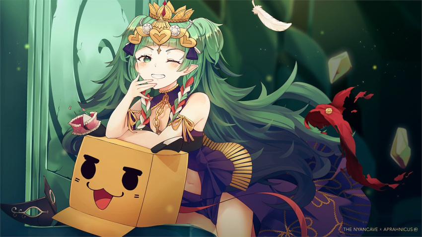 1girl aftergardens arm_support blue_dress box braid clothing_cutout dress feathers fire_emblem fire_emblem:_three_houses green_eyes green_hair hair_ornament highres leaning_forward long_hair looking_at_viewer mask mask_removed navel_cutout one_eye_closed pointy_ears side_braid sothis_(fire_emblem) standing throne tiara twin_braids twintails watermark
