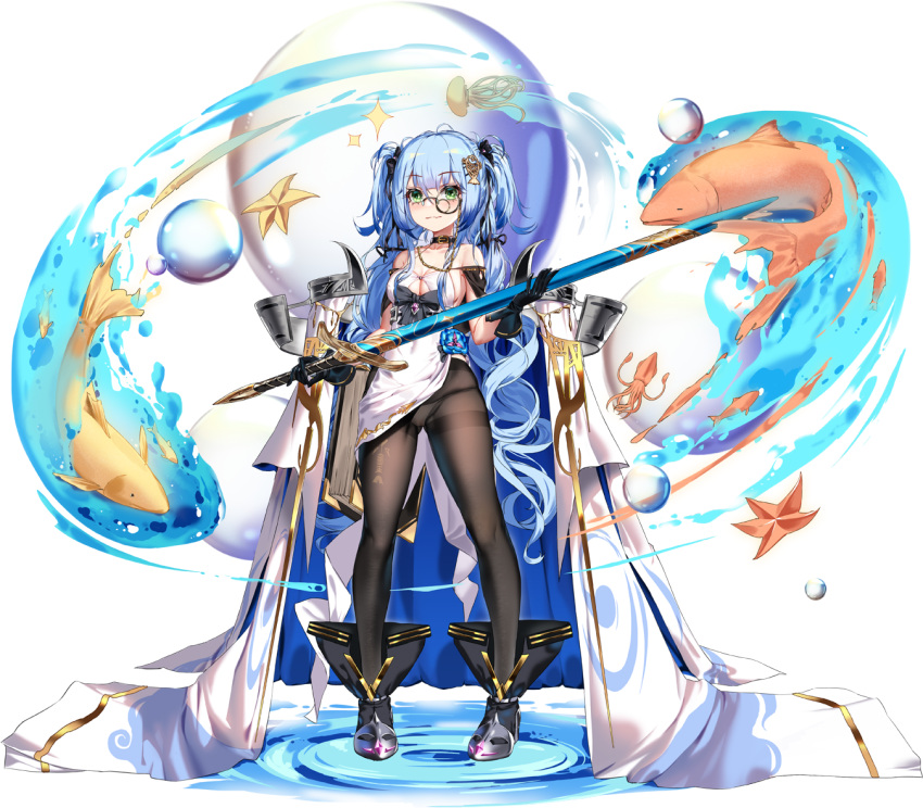 1girl :3 ark_order belt black_footwear black_legwear blue_hair boots breasts bubble cape choker dress fang finn_eces_(ark_order) fish fish_hair_ornament fish_tattoo gold_trim green_eyes hair_ornament holding holding_sheath holding_sword holding_weapon jellyfish long_hair low_twintails monocle official_art panties panties_under_pantyhose pantyhose sheath sheathed solo sparkle starfish sword tachi-e transparent_background twintails two_side_up underwear very_long_hair water wavy_hair weapon white_cape white_dress white_panties you_ni_ge_shaobing