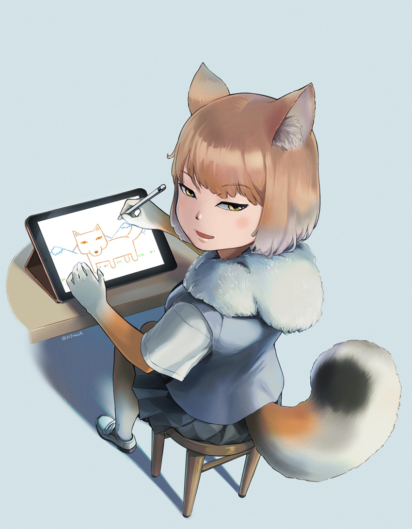 1girl animal_ears bangs beleven blue_background bodystocking brown_hair drawing eyebrows_visible_through_hair fox_ears fox_girl fox_tail from_above from_behind full_body fur_collar grey_hair highres holding kemono_friends layered_sleeves long_sleeves looking_at_viewer looking_back looking_up medium_hair miniskirt multicolored_hair open_mouth pleated_skirt shirt short_over_long_sleeves short_sleeves simple_background sitting skirt smile solo stool stylus tablet_pc tail tibetan_sand_fox_(kemono_friends) tsurime twitter_username two-tone_hair vest yellow_eyes