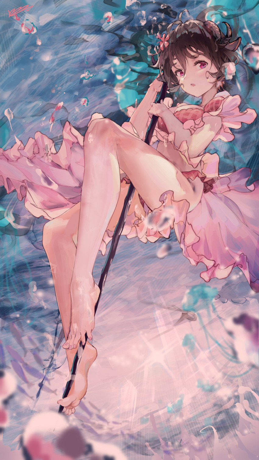 1girl :o absurdres air_bubble antenna_hair arknights bangs bare_legs barefoot between_legs bikini breasts brown_hair bubble commentary english_commentary eyebrows_visible_through_hair eyjafjalla_(arknights) eyjafjalla_(summer_flowers)_(arknights) feet floating_hair flower freediving full_body hair_between_eyes hair_flower hair_ornament hands_up highres holding holding_staff jellyfish kioroshin long_hair medium_breasts official_alternate_costume pink_bikini pink_flower pink_nails plaid plaid_bikini solo staff swimsuit toenail_polish underwater violet_eyes