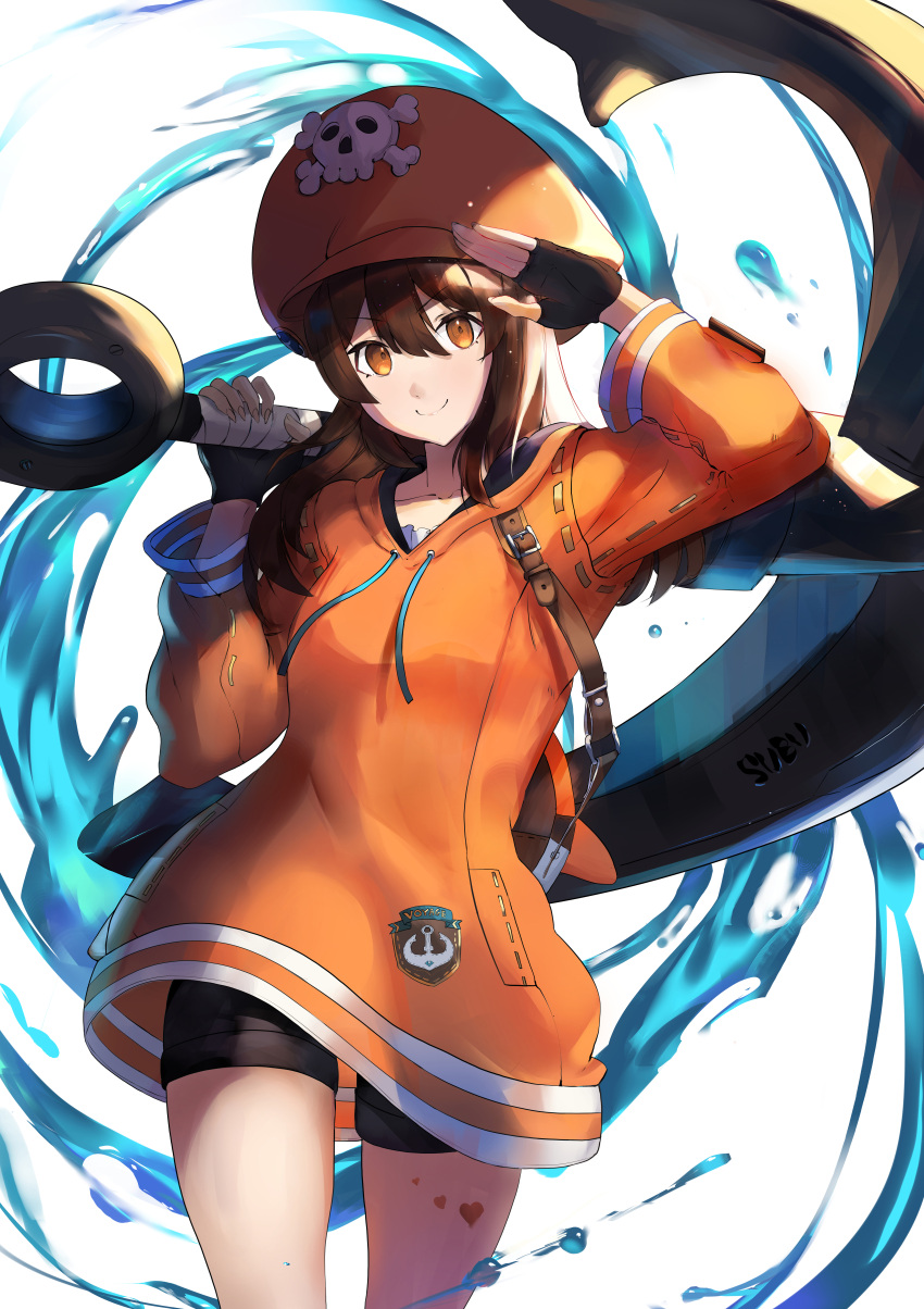 1girl absurdres anchor bangs bike_shorts brown_eyes brown_hair cabbie_hat cowboy_shot eyebrows_visible_through_hair fingerless_gloves gloves guilty_gear guilty_gear_strive hair_between_eyes hat highres huge_filesize jacket long_hair long_sleeves looking_at_viewer may_(guilty_gear) orange_headwear orange_jacket pirate_hat salute shorts skull_and_crossbones smile solo subu_art water white_background