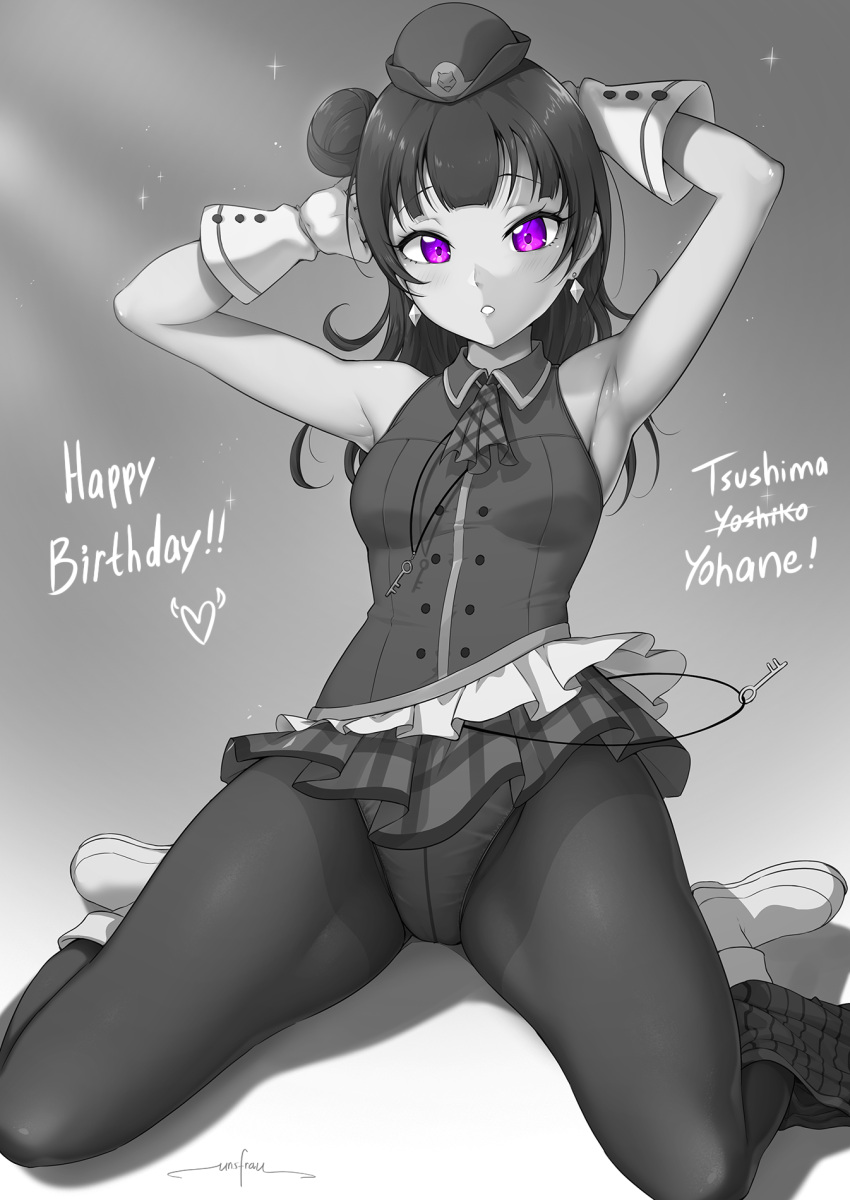 1girl armpits arms_behind_head arms_up breasts earrings eyebrows_visible_through_hair greyscale hair_bun happy_party_train highres jewelry long_hair looking_at_viewer love_live! love_live!_sunshine!! medium_breasts monochrome pantyhose solo spot_color tsushima_yoshiko unsfrau violet_eyes
